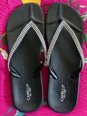 Capelli of New York Black Sandals with Silver Rhinestone Straps